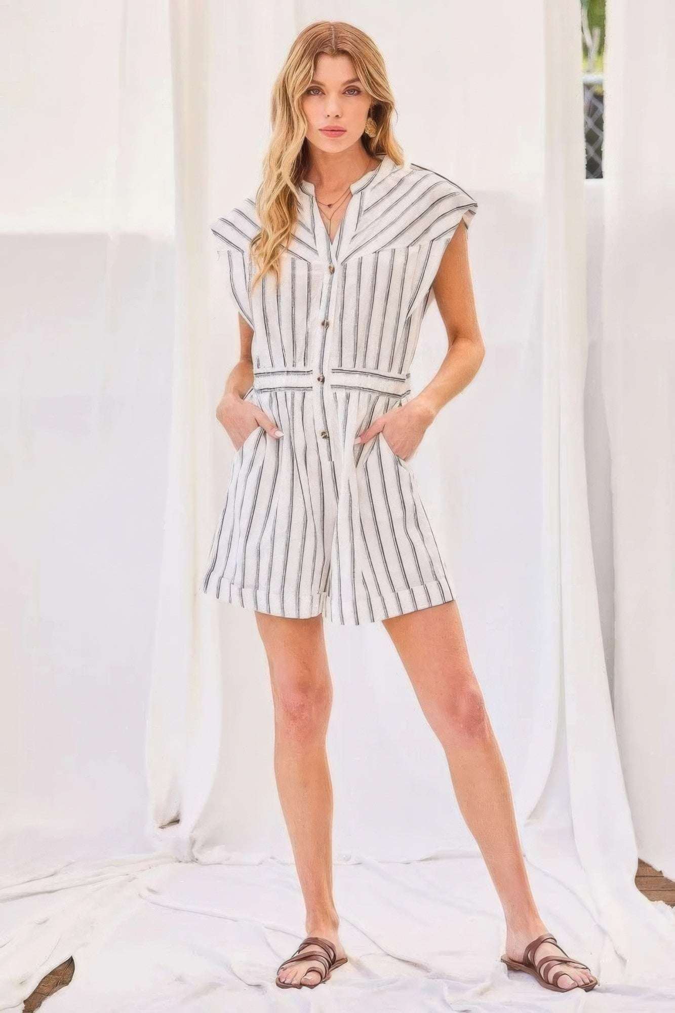 Notched Neck Button Elastic Band Waist Stripe Print Romper - The Diva Goddess