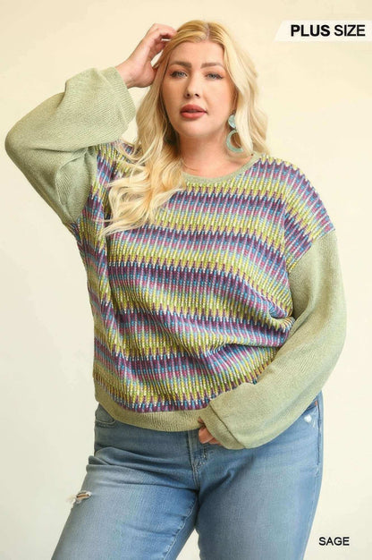 Novelty Knit And Solid Knit Mixed Loose Top With Drop Down Shoulder - The Diva Goddess