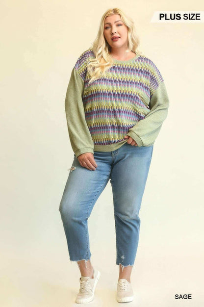 Novelty Knit And Solid Knit Mixed Loose Top With Drop Down Shoulder - The Diva Goddess