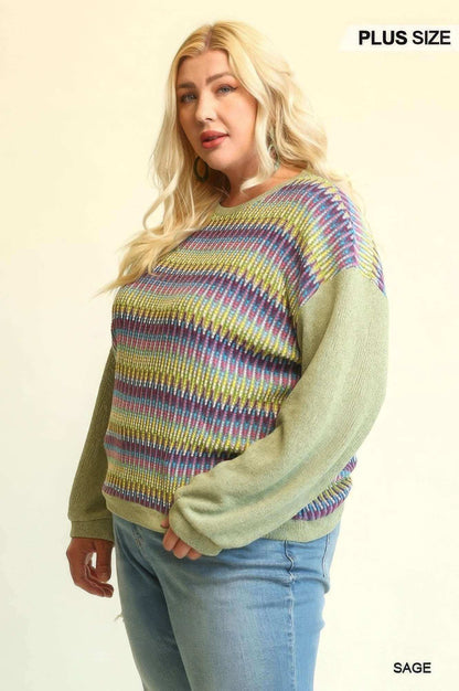 Novelty Knit And Solid Knit Mixed Loose Top With Drop Down Shoulder - The Diva Goddess