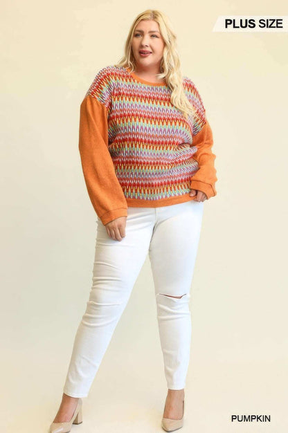 Novelty Knit And Solid Knit Mixed Loose Top With Drop Down Shoulder - The Diva Goddess