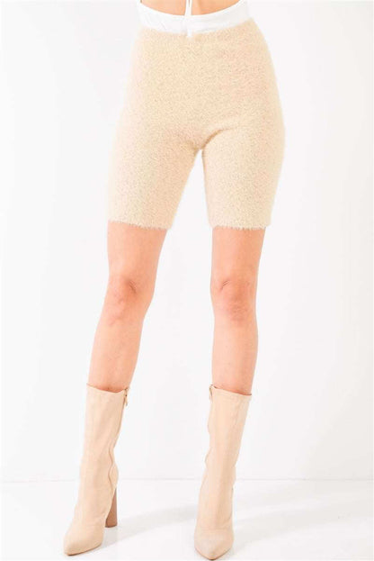 Oatmeal Beige Knit High Waist Stretchy Warm Fuzzy Biker Shorts - The Diva Goddess