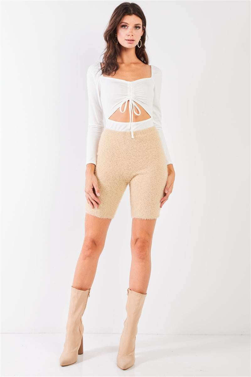 Oatmeal Beige Knit High Waist Stretchy Warm Fuzzy Biker Shorts - The Diva Goddess