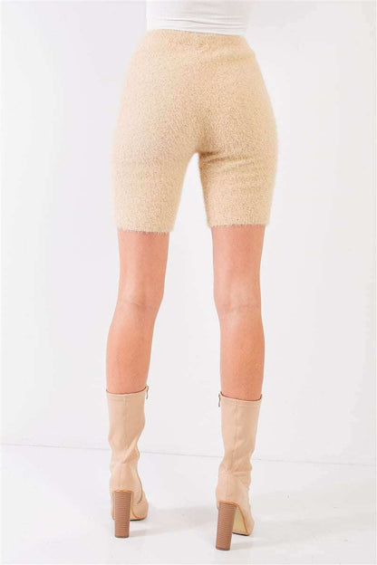 Oatmeal Beige Knit High Waist Stretchy Warm Fuzzy Biker Shorts - The Diva Goddess