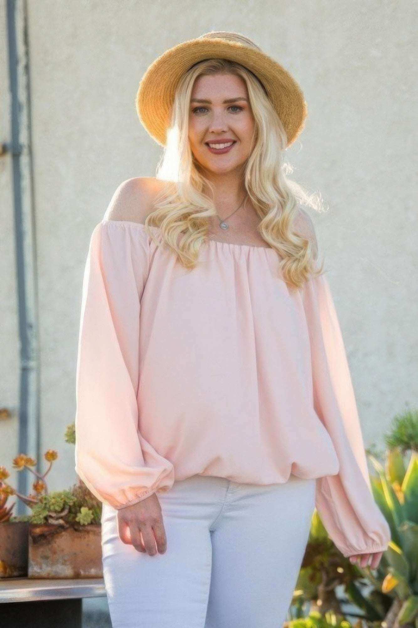 Off Shoulder Long Bubble Sleeve Solid Top - The Diva Goddess