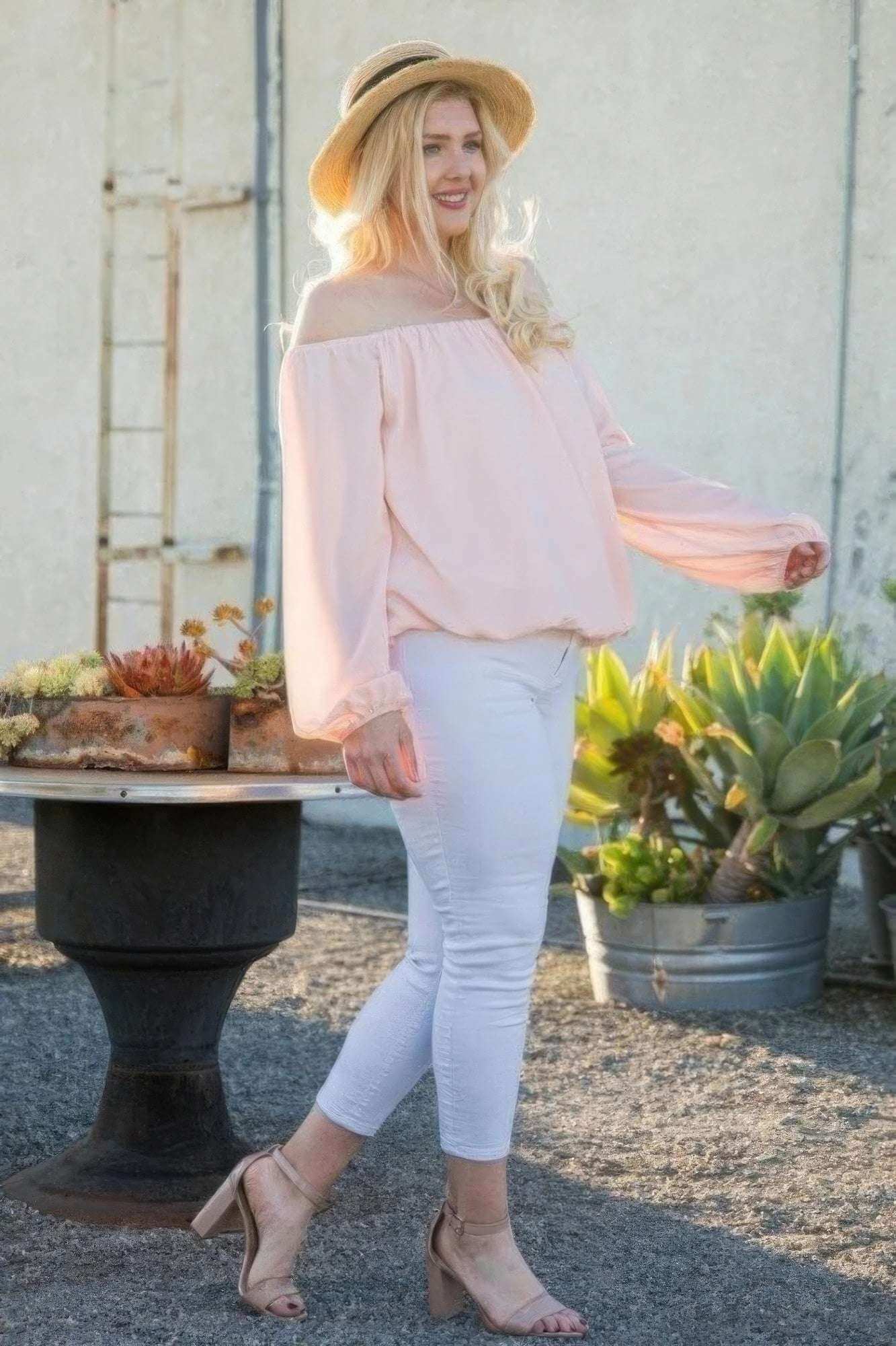 Off Shoulder Long Bubble Sleeve Solid Top - The Diva Goddess