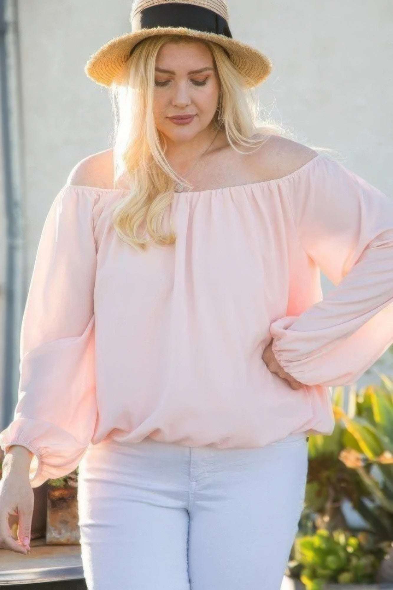 Off Shoulder Long Bubble Sleeve Solid Top - The Diva Goddess