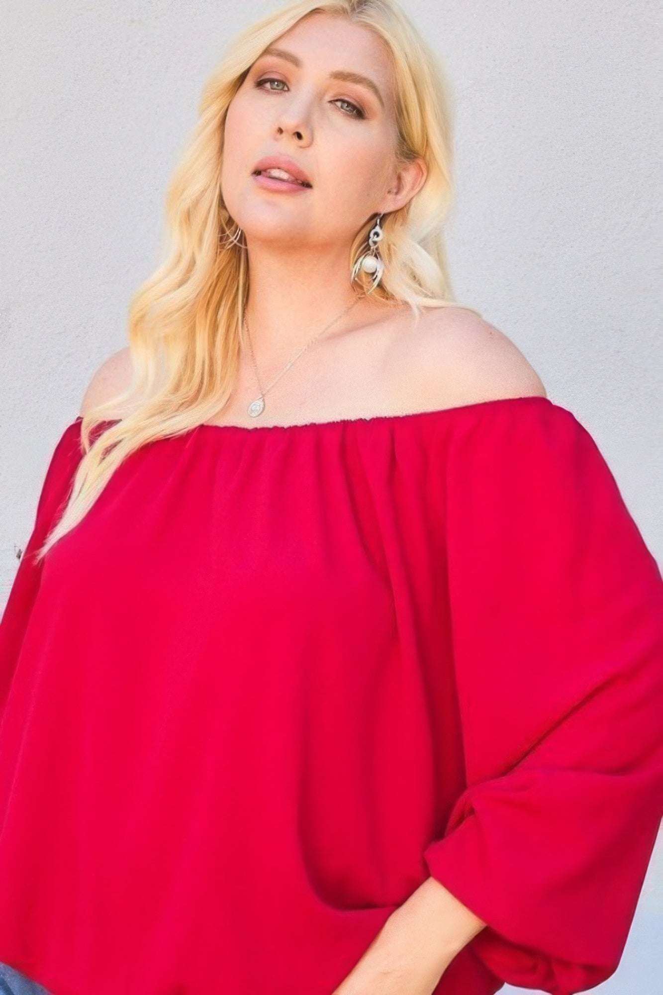 Off Shoulder Long Bubble Sleeve Solid Top - The Diva Goddess