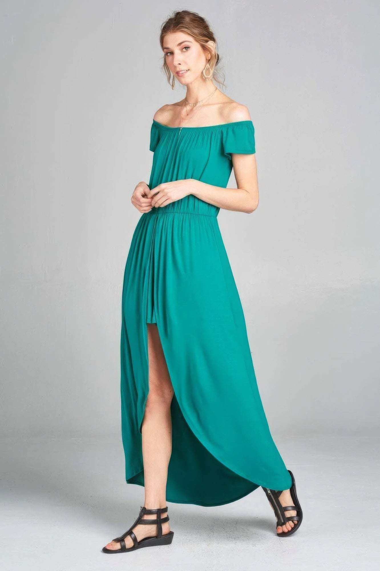 Off Shoulder Solid Jersey Romper Maxi - The Diva Goddess