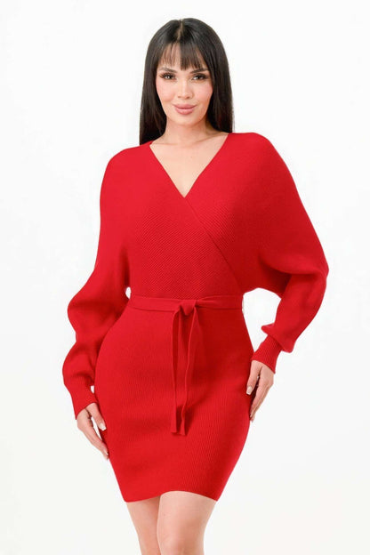 Off Shoulder Wrap Belted Ribbed Sweather Dress - The Diva Goddess