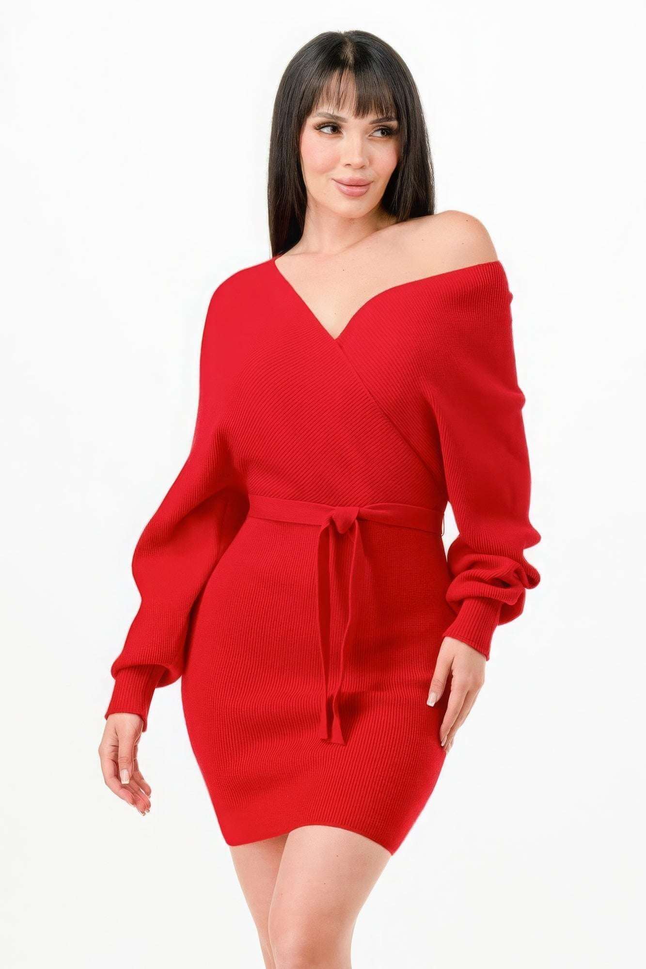 Off Shoulder Wrap Belted Ribbed Sweather Dress - The Diva Goddess