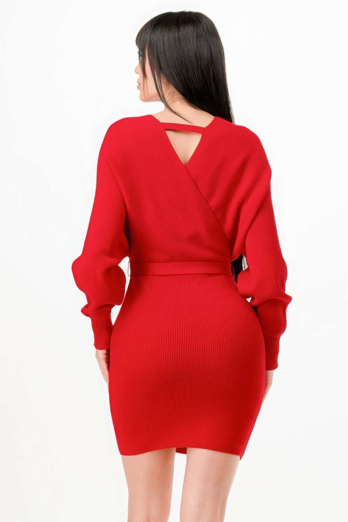 Off Shoulder Wrap Belted Ribbed Sweather Dress - The Diva Goddess