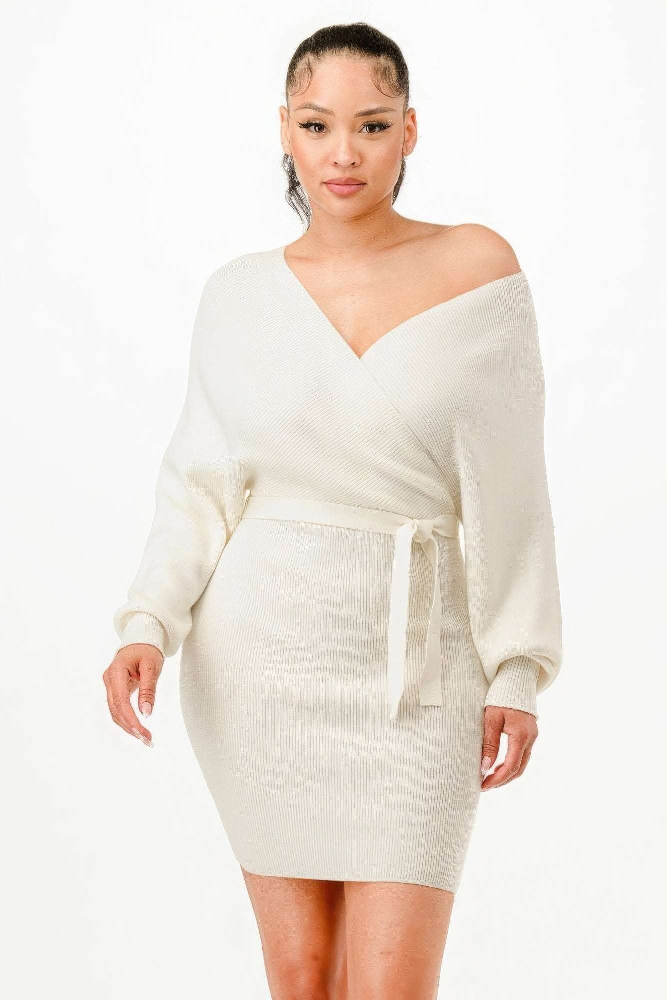 Off Shoulder Wrap Belted Ribbed Sweather Dress - The Diva Goddess