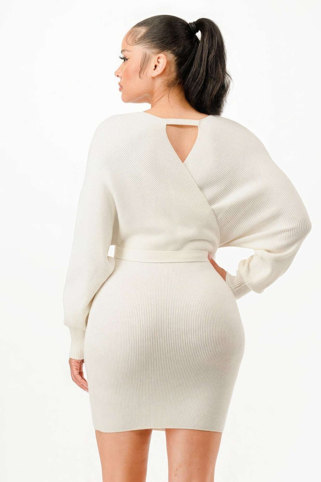 Off Shoulder Wrap Belted Ribbed Sweather Dress - The Diva Goddess