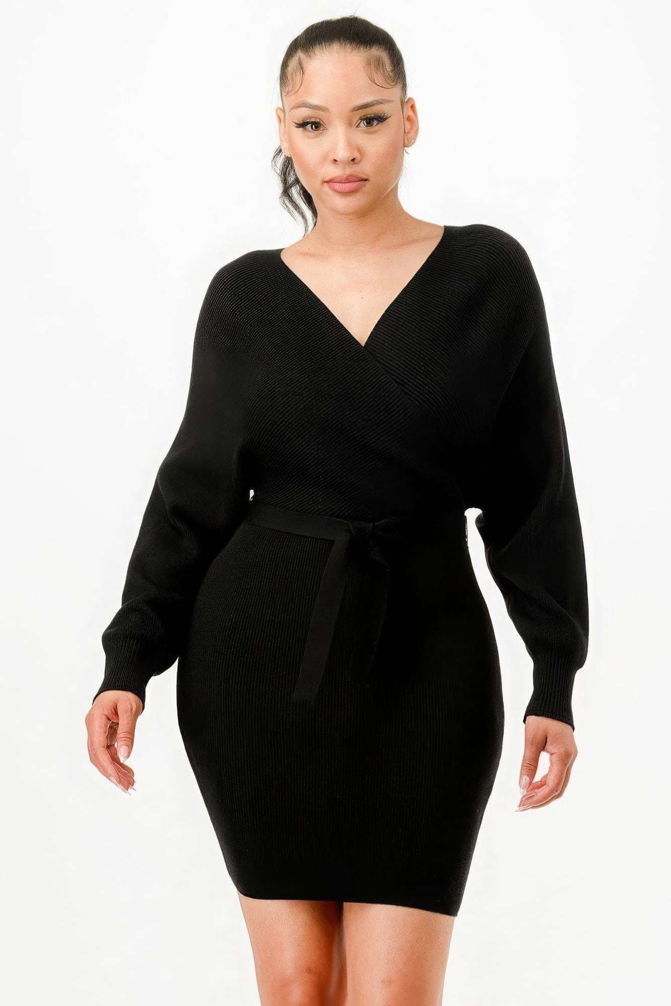 Off Shoulder Wrap Belted Ribbed Sweather Dress - The Diva Goddess