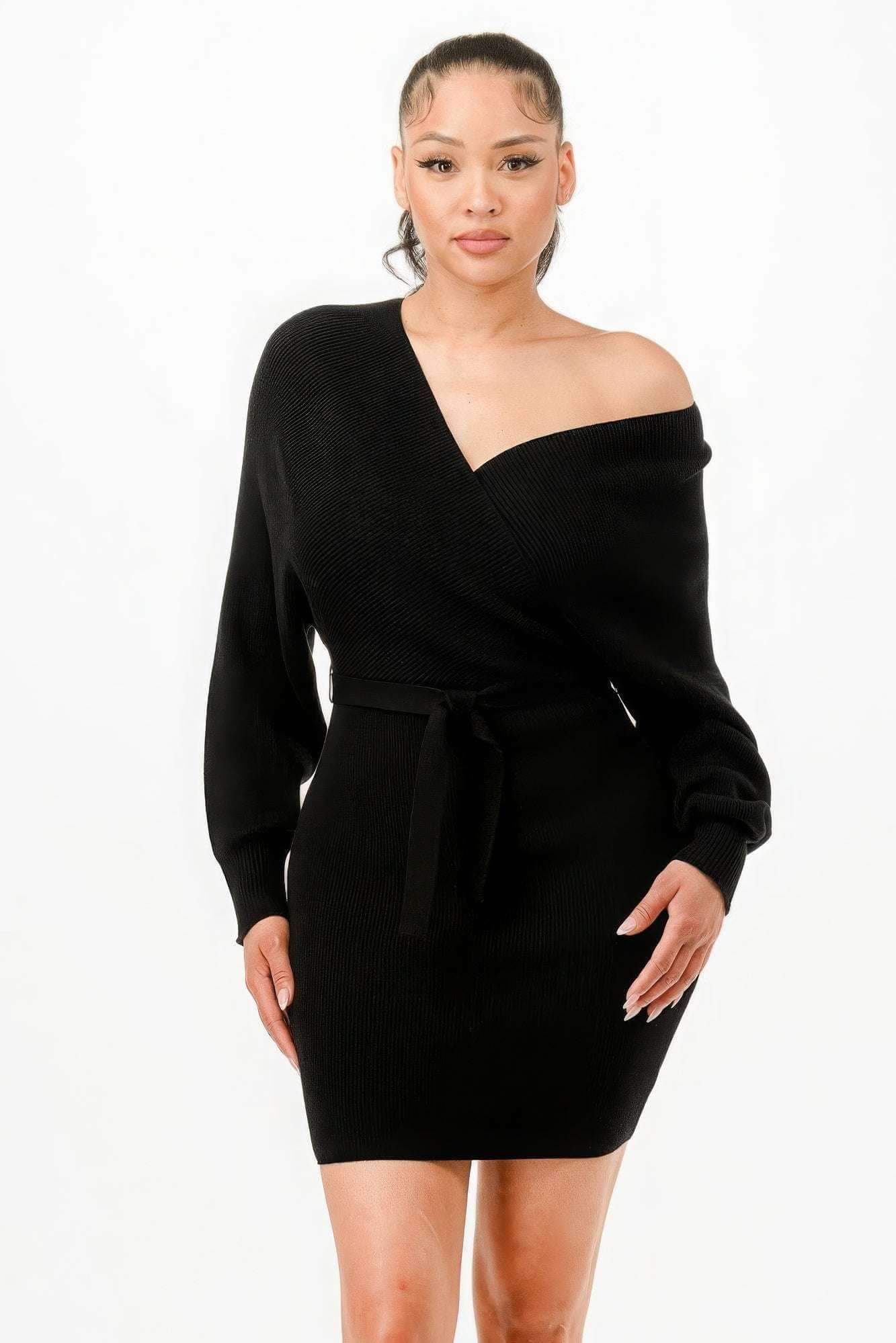 Off Shoulder Wrap Belted Ribbed Sweather Dress - The Diva Goddess