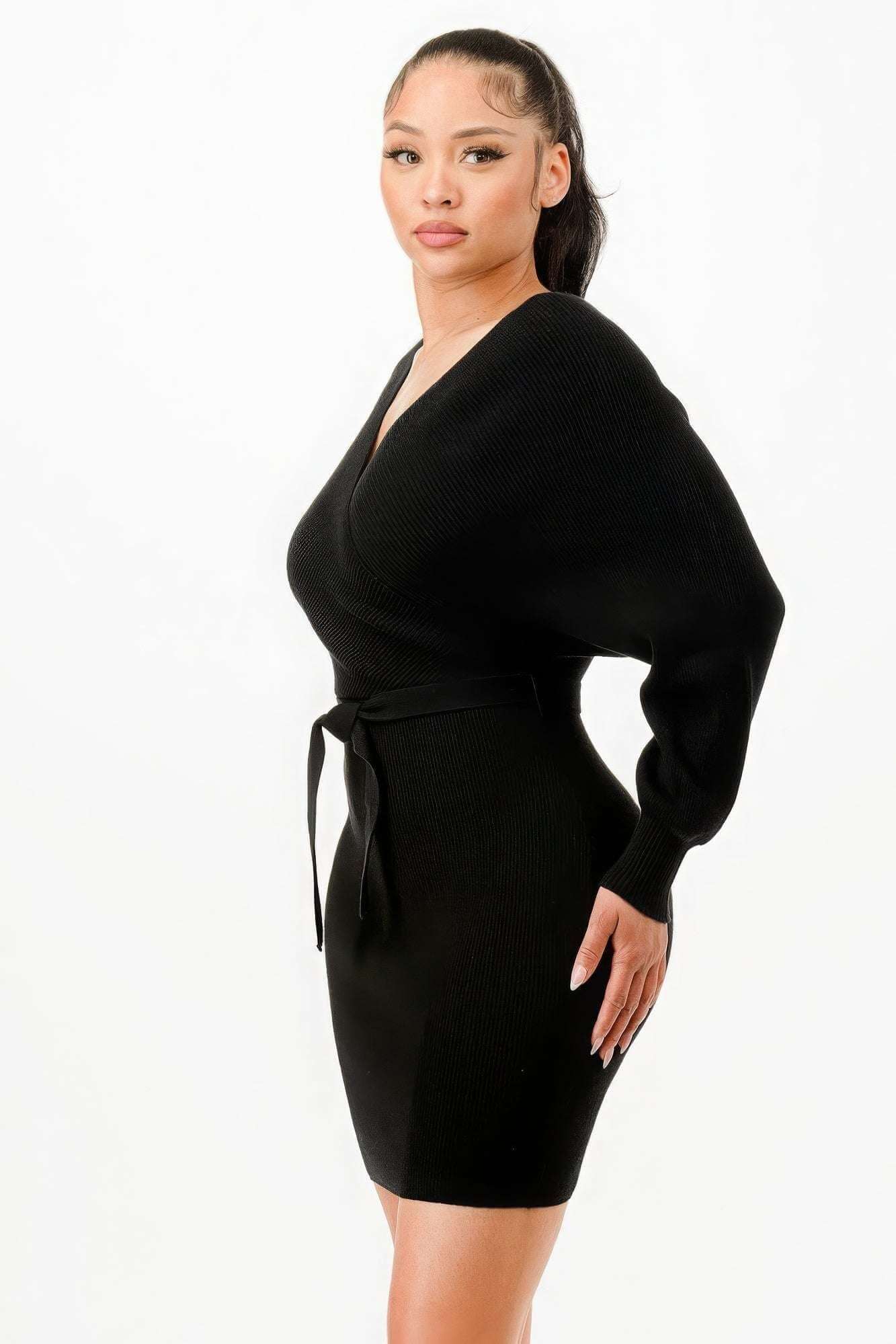 Off Shoulder Wrap Belted Ribbed Sweather Dress - The Diva Goddess