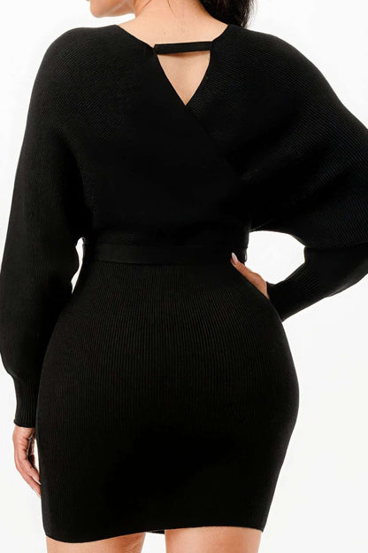 Off Shoulder Wrap Belted Ribbed Sweather Dress - The Diva Goddess