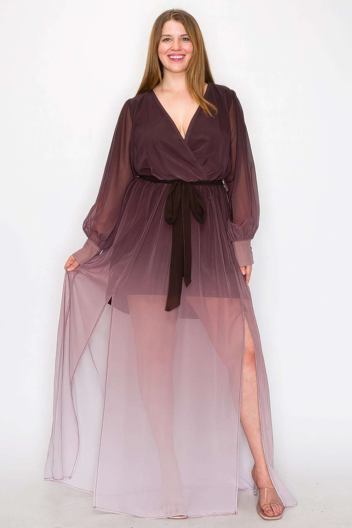 Ombre Chiffon Wrap Front Long Sleeve Tie Waist Slit Front Maxi Dress - The Diva Goddess