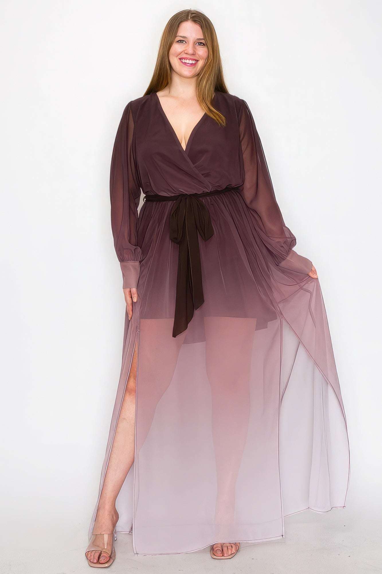 Ombre Chiffon Wrap Front Long Sleeve Tie Waist Slit Front Maxi Dress - The Diva Goddess