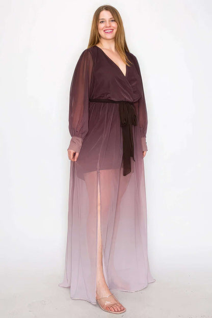 Ombre Chiffon Wrap Front Long Sleeve Tie Waist Slit Front Maxi Dress - The Diva Goddess