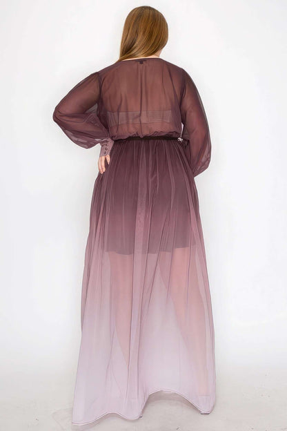 Ombre Chiffon Wrap Front Long Sleeve Tie Waist Slit Front Maxi Dress - The Diva Goddess