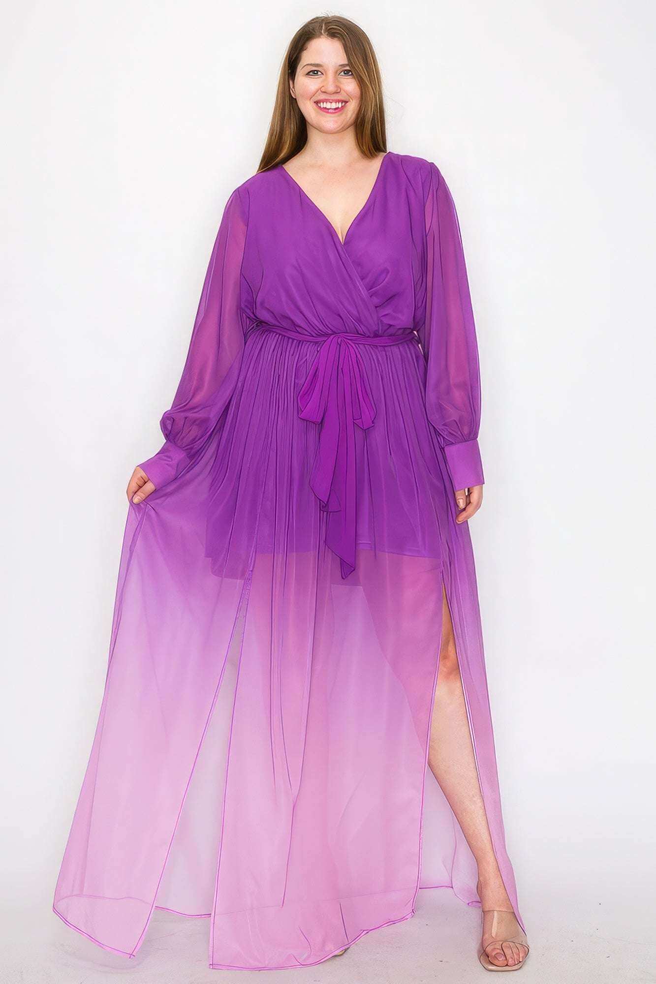 Ombre Chiffon Wrap Front Long Sleeve Tie Waist Slit Front Maxi Dress - The Diva Goddess