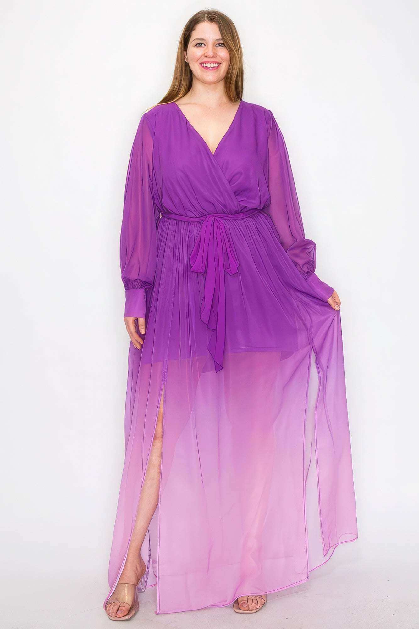 Ombre Chiffon Wrap Front Long Sleeve Tie Waist Slit Front Maxi Dress - The Diva Goddess