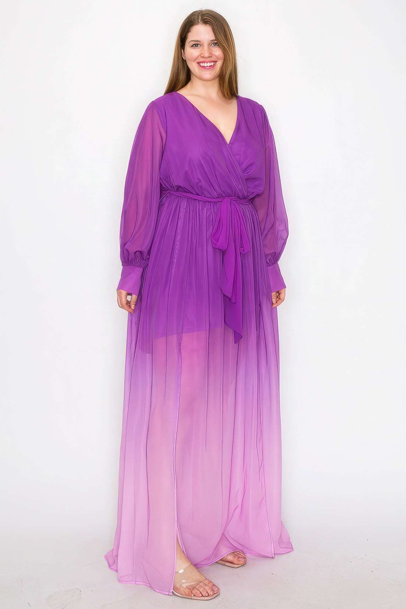 Ombre Chiffon Wrap Front Long Sleeve Tie Waist Slit Front Maxi Dress - The Diva Goddess