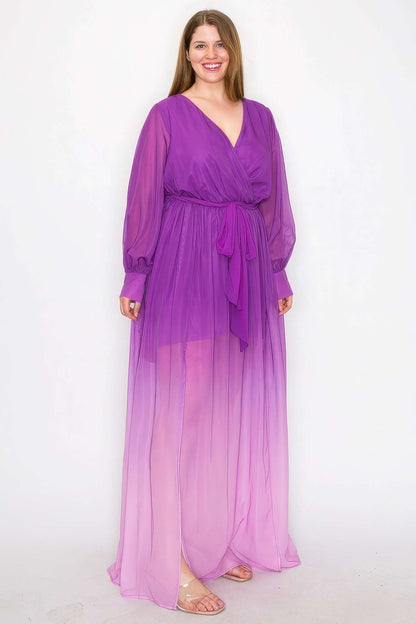 Ombre Chiffon Wrap Front Long Sleeve Tie Waist Slit Front Maxi Dress - The Diva Goddess