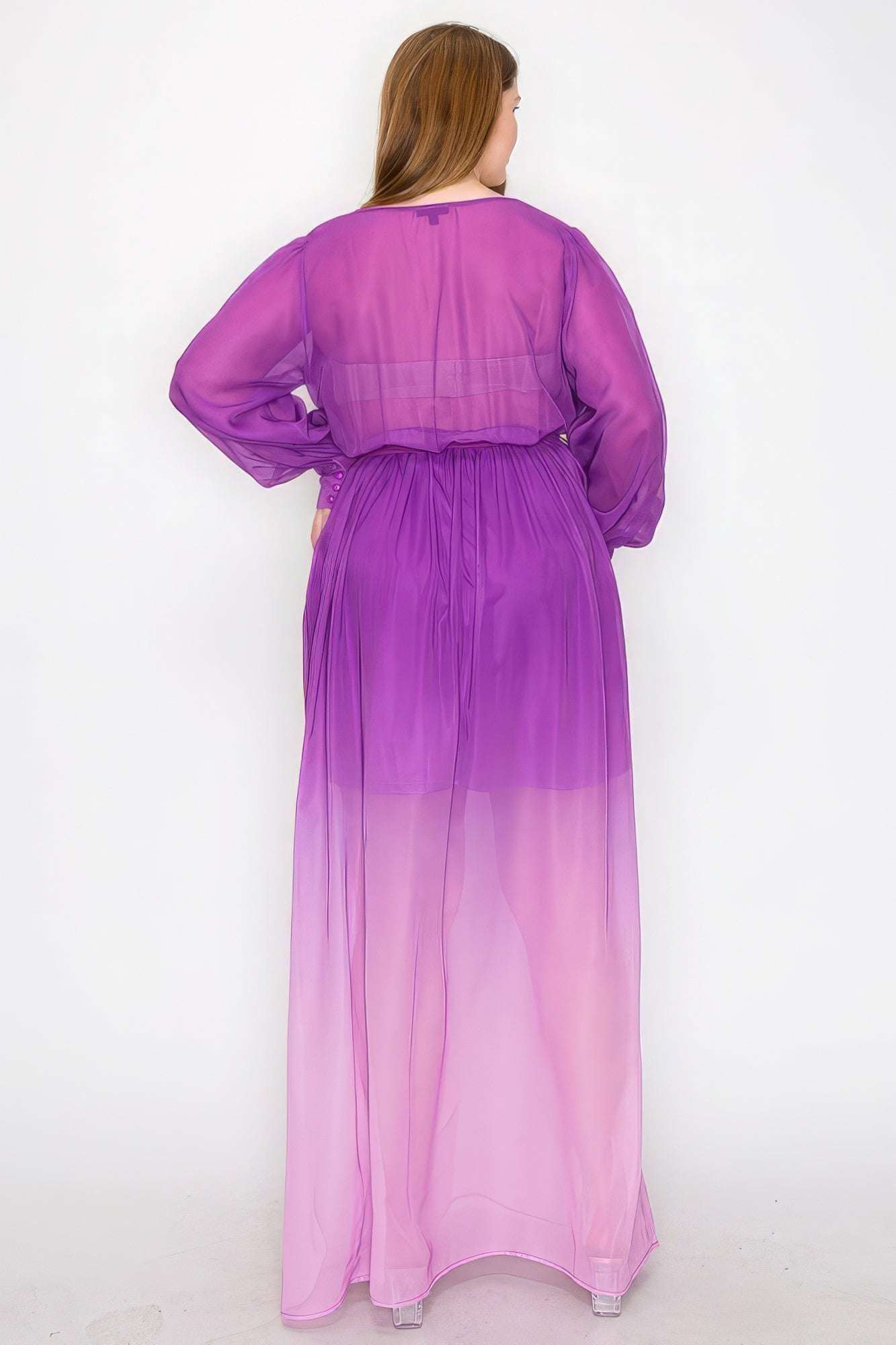 Ombre Chiffon Wrap Front Long Sleeve Tie Waist Slit Front Maxi Dress - The Diva Goddess