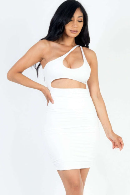 One Shoulder Cut-out Front Ruched Bodycon Mini Dress - The Diva Goddess