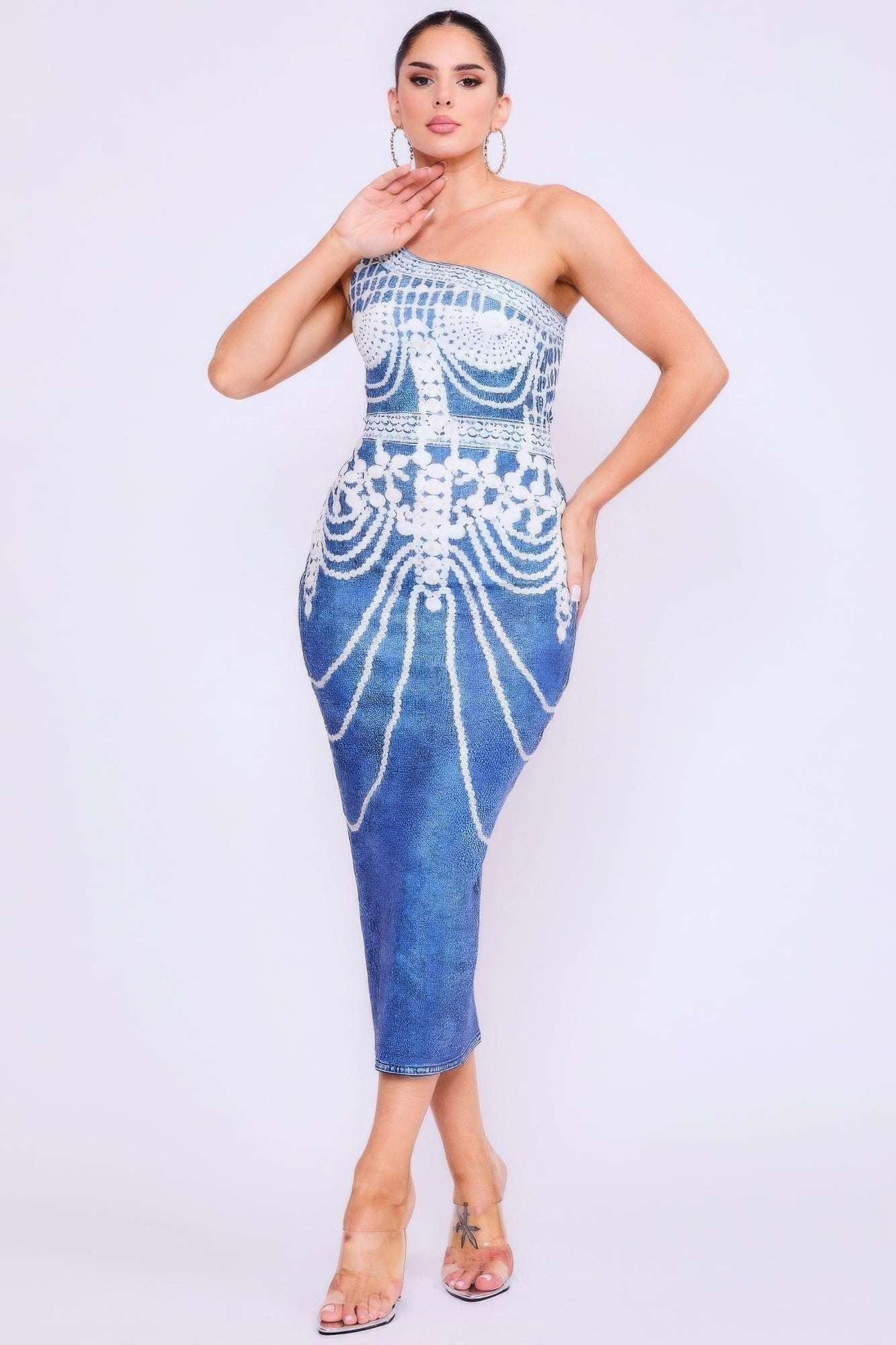 One Shoulder Denim Print Dress - The Diva Goddess