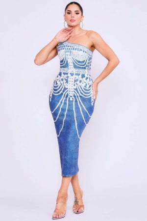 One Shoulder Denim Print Dress - The Diva Goddess