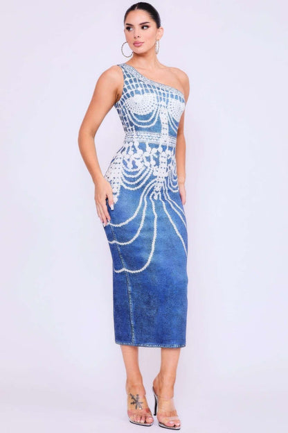 One Shoulder Denim Print Dress - The Diva Goddess