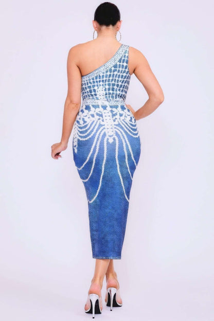 One Shoulder Denim Print Dress - The Diva Goddess