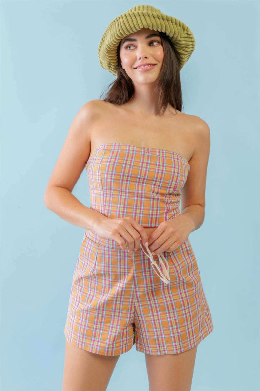 Orange & Aqua Plaid Print Cotton Strapless Crop Top & High Waist Two Pocket Shorts Set - The Diva Goddess