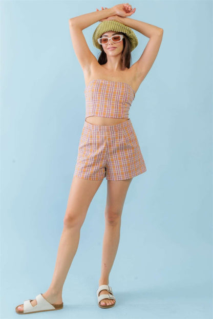 Orange & Aqua Plaid Print Cotton Strapless Crop Top & High Waist Two Pocket Shorts Set - The Diva Goddess