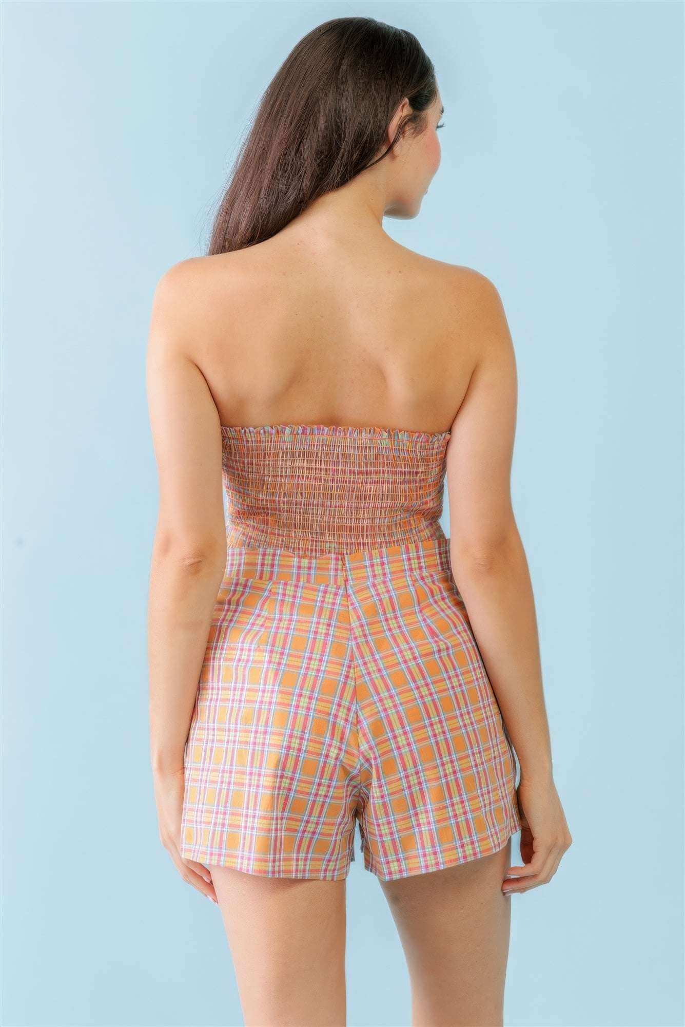 Orange & Aqua Plaid Print Cotton Strapless Crop Top & High Waist Two Pocket Shorts Set - The Diva Goddess