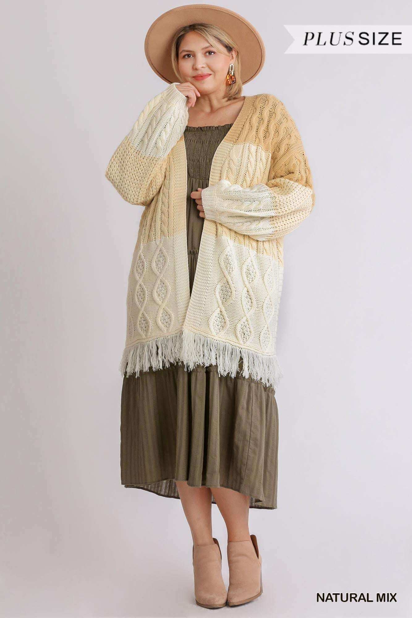 Patchwork Knitted Open Front Cardigan Sweater With Frayed Hem - The Diva Goddess