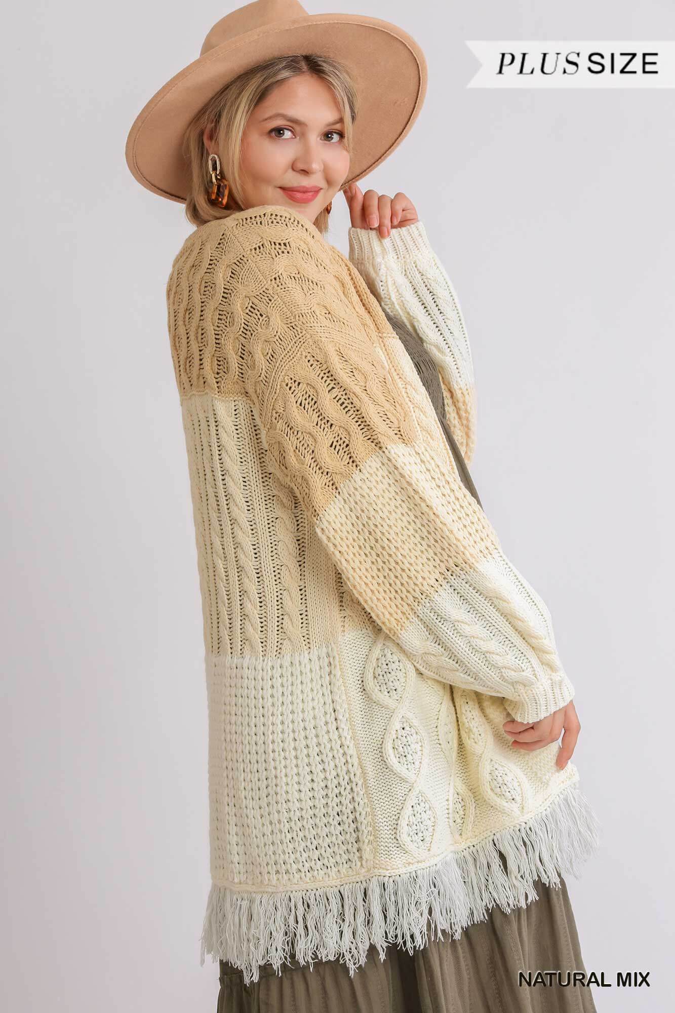 Patchwork Knitted Open Front Cardigan Sweater With Frayed Hem - The Diva Goddess