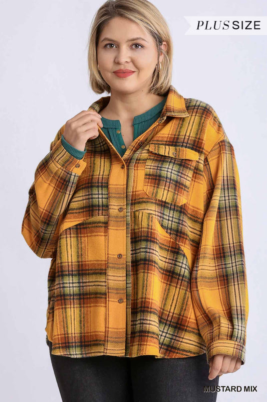 Plaid Collar Button Down Overshirt With Front Pockets - The Diva Goddess