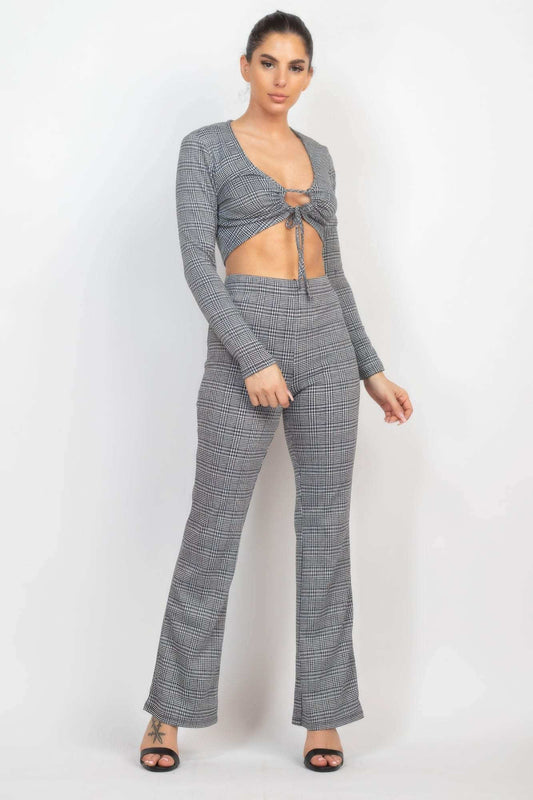 Plaid Cut-out Long Sleeve Top & Pants Set - The Diva Goddess