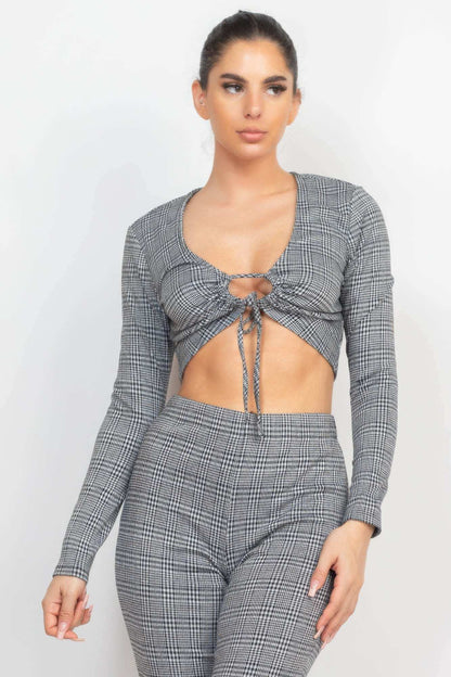 Plaid Cut-out Long Sleeve Top & Pants Set - The Diva Goddess