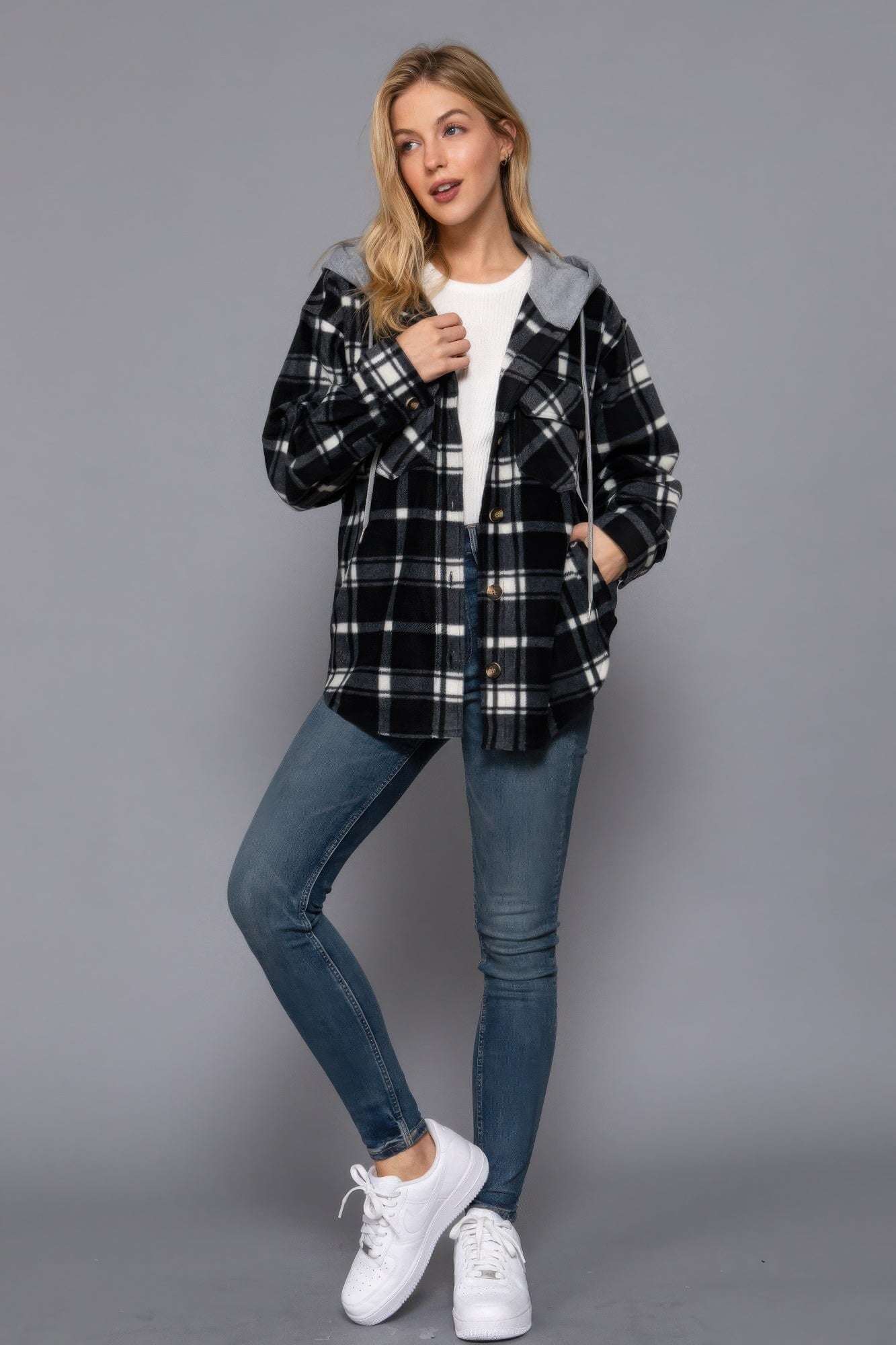 Plaid Print Hoodie Fleece Jacket - The Diva Goddess