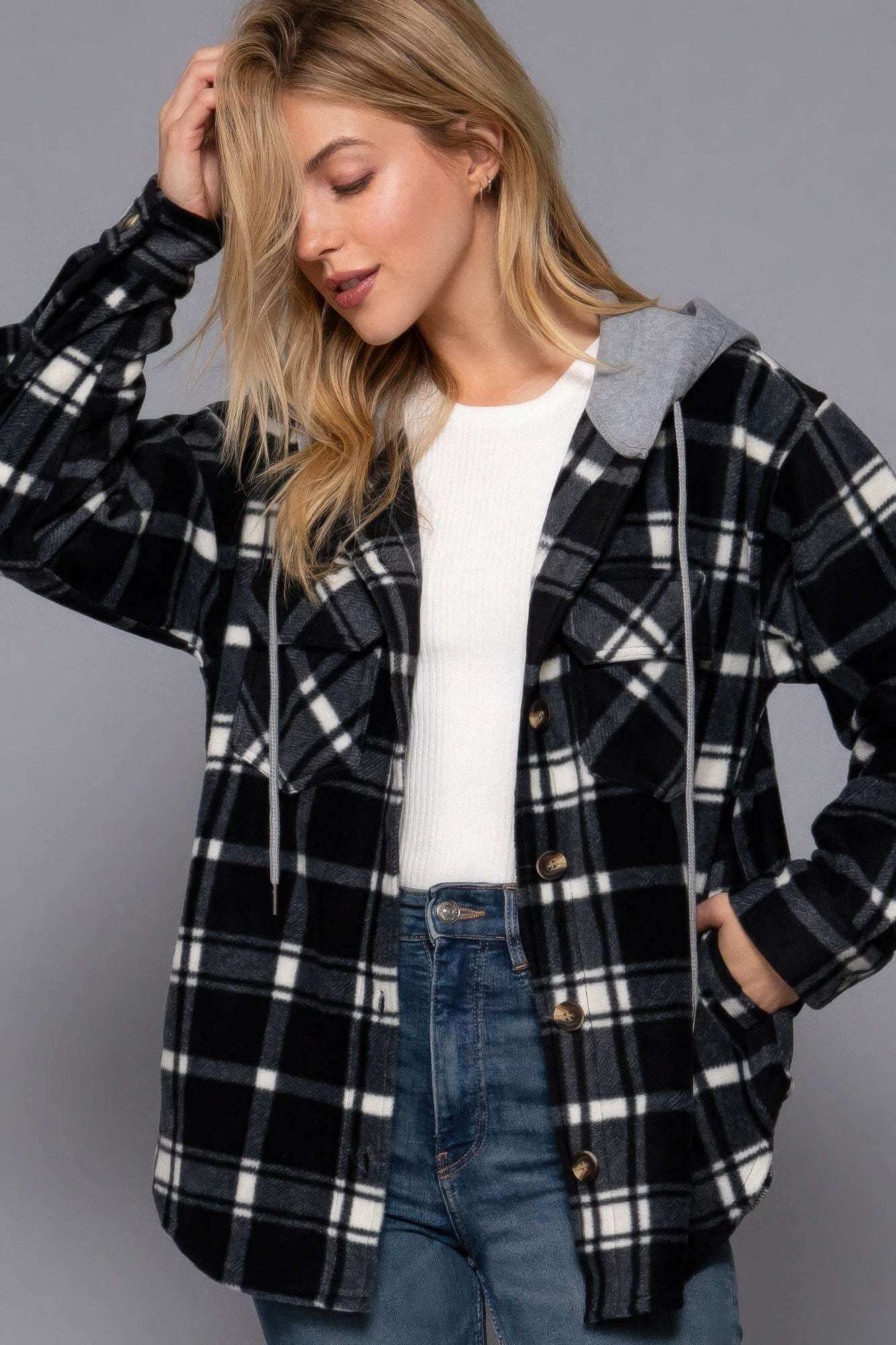 Plaid Print Hoodie Fleece Jacket - The Diva Goddess