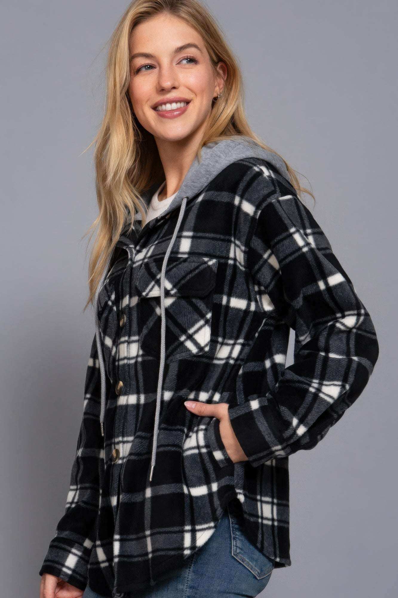 Plaid Print Hoodie Fleece Jacket - The Diva Goddess