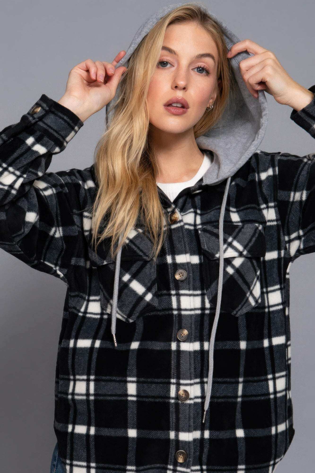 Plaid Print Hoodie Fleece Jacket - The Diva Goddess