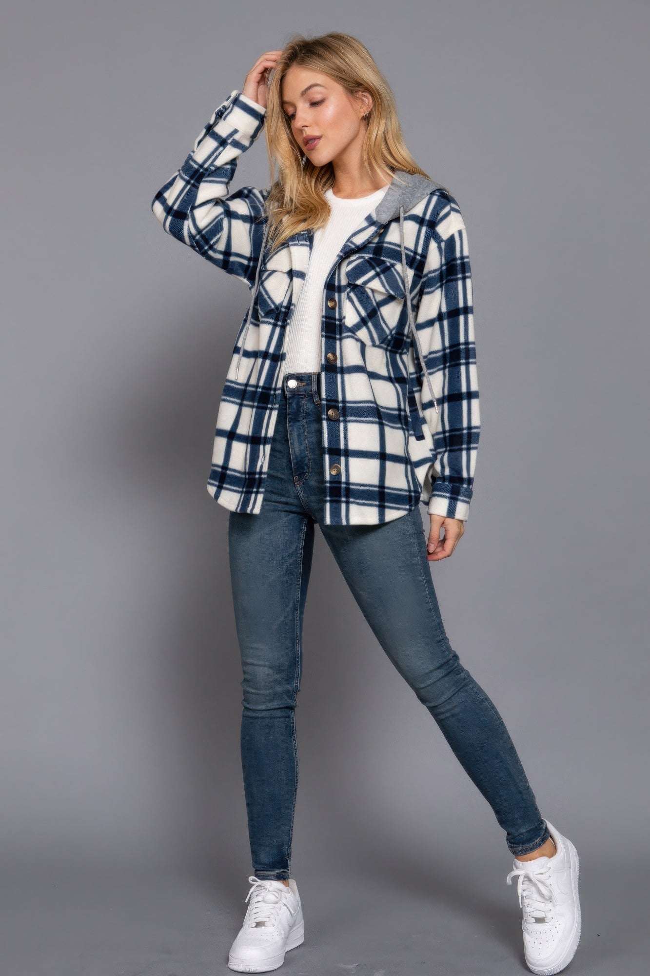 Plaid Print Hoodie Fleece Jacket - The Diva Goddess