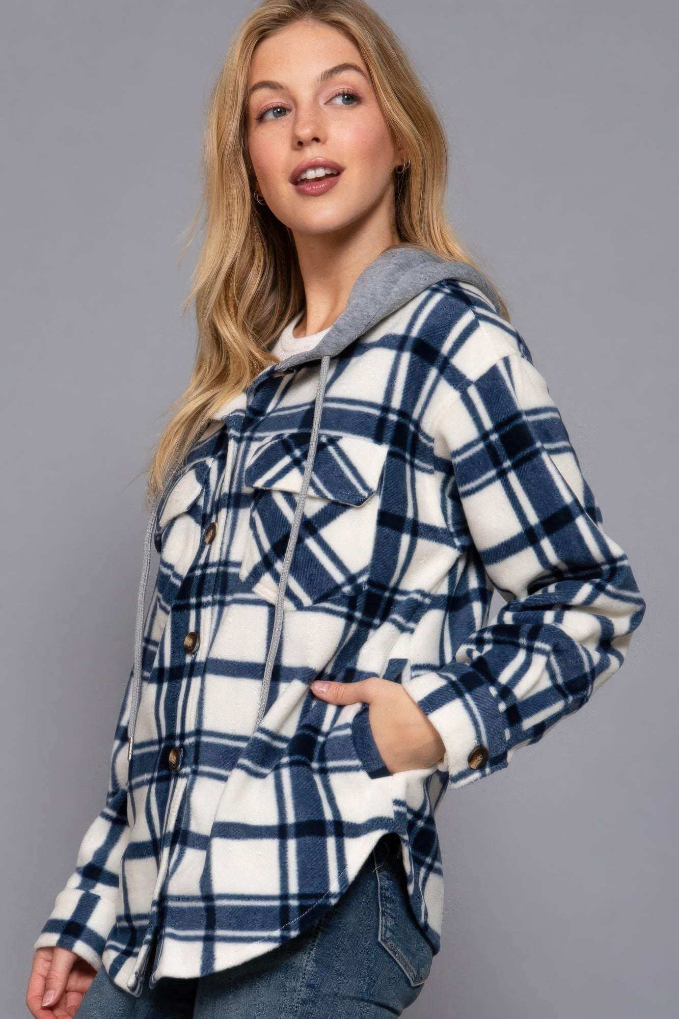 Plaid Print Hoodie Fleece Jacket - The Diva Goddess